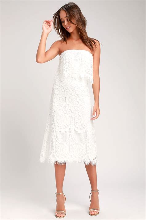 Lovely White Dress Lace Dress Strapless Midi Dress White Dress Outfit White Lace Midi Dress