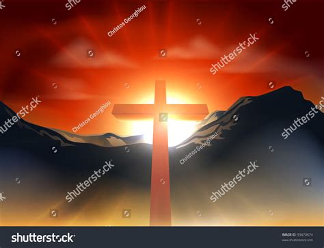 Christian Cross With Sun Rising Behind It Over A Mountain Range Could