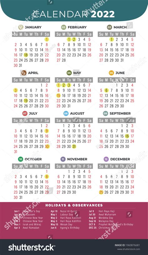 Calendar 2022 Malaysia Public Holiday Ready Stock Vector Royalty Free