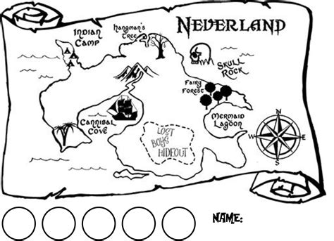 Peter pan, the boy who refuses to grow up, and his friends are ready for treasure hunt! Horizontal map of Neverland with circles for collecting 1" gold doubloon stickers | Neverland ...