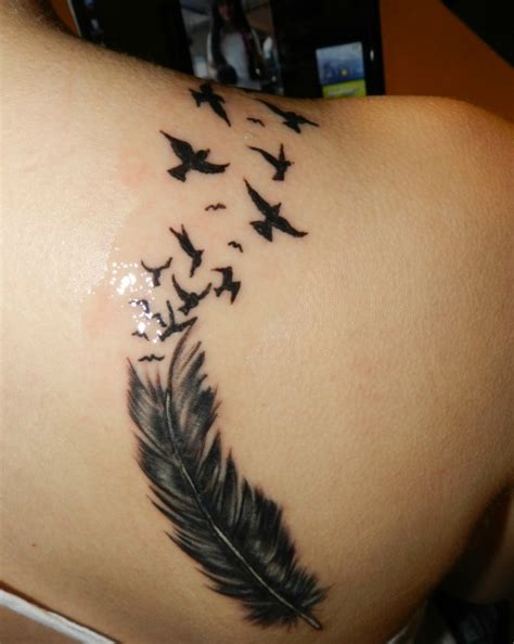 Birds Flying And Feather Tattoo On Back Shoulder