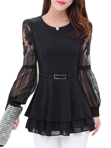 Chiffon Lantern Sleeves O Neck Ruffled Shirts P1348179 Ladies Blouse