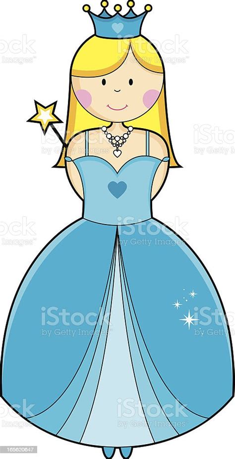 cute blonde smiling princess in crown and ballgown with wand stock illustration download image