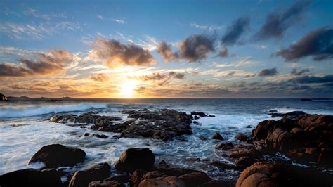 Sunset Ocean Waves Stream Sea Coast Stones Rocks Clouds Blue Sky 4k Hd