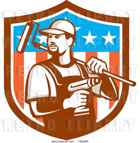 Vector Clip Art Of Retro Handyman Holding A Paint Roller Over His