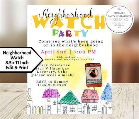 Neighborhood Watch Party Flyer Edit This Neighborhood Watch Etsy