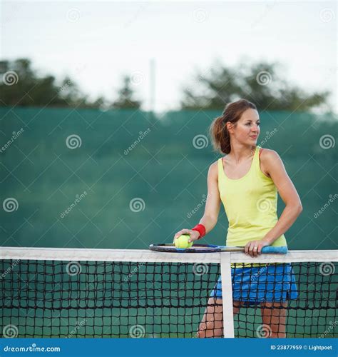 Tennis Player On The Tennis Court Stock Image Image Of Racquet Beauty