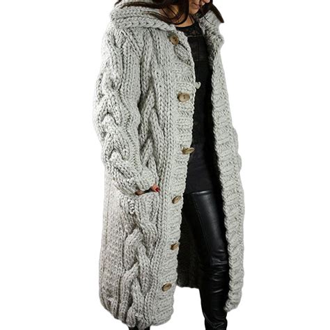 Chunky Cable Knit Long Hooded Cardigan Ukdreamstore