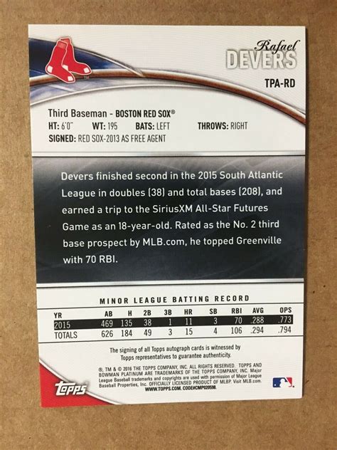 2016 Bowman Platinum Rafael Devers TPA RD Auto Prospect Baseball Card