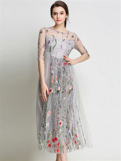 Floral embroidered mesh short sleeve dress. Gray Embroidery Floral Sheer Mesh Midi Dress #Chic283358 ...
