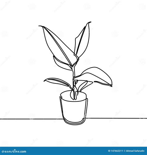 Plant On The Pot Continuous One Line Drawing Minimalism Style Stock