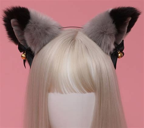 Gray Black And Black Bow Realistic Cat Ears With Bells Cat Ear Etsy