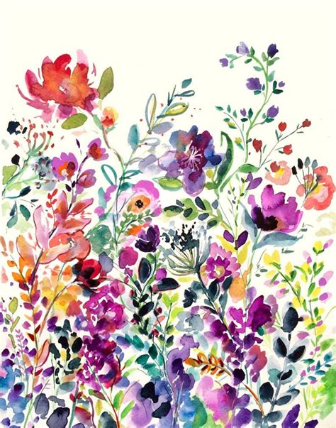 Wild Flower Garden Watercolor Painting X Print Wildflower Drawing