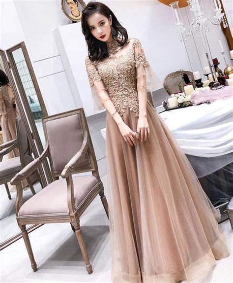 Champagne High Neck Tulle Lace Long Prom Dress Champagne Evening Dres
