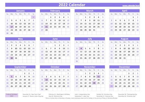 2022 Calendar With Holidays Us Federal Holidays