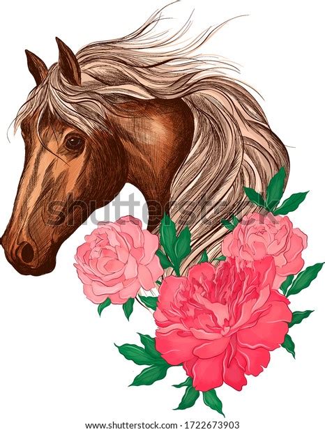 Horse Head Brown Peony Flowers Pink Stock Vector Royalty Free