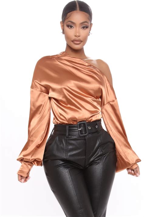 High Status Satin Bodysuit Copper Fashion Nova Shirts And Blouses