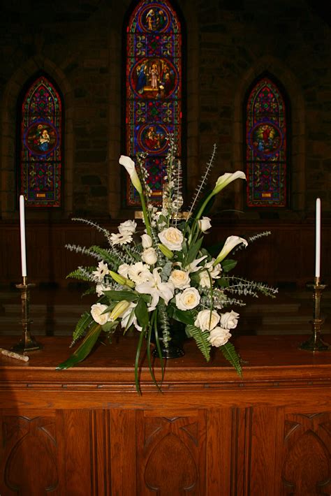 Unique Altar Arrangement with White Calla Lilies, Roses and Foliages