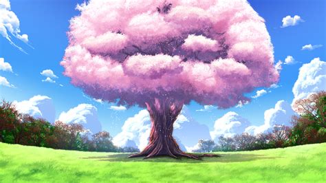 Anime Landscape Anime Great Sakura Tree Background