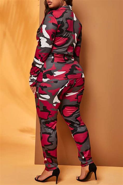 Lovely Casual Camo Red Plus Size Two Piece Pants Setplus Size Two