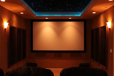 Home Theater With Wall Sconces And Ceiling Lights Home Theater