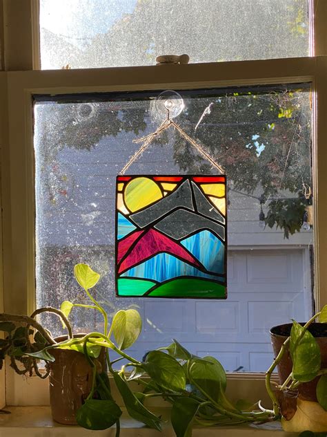 Stained Glass Mountain Scene Panel Etsy