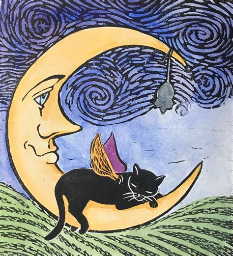 Black Cat On The Moon Whimsical Folk Art Style Hand Painted Etsy