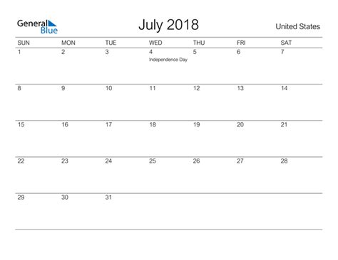 United States July 2018 Calendar With Holidays
