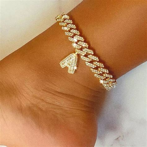 15 Mm Diy Gold Layered Initial Cuban Link Chain Iced Out Anklets For