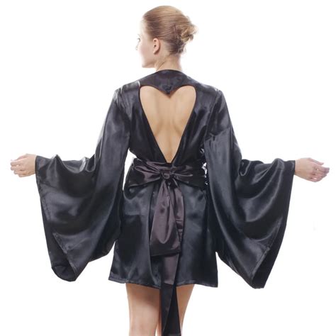Brand Japanese Kimono Robes Sexy Heart Cut Out Back Black Satin Kimono Robes For Women Chinese