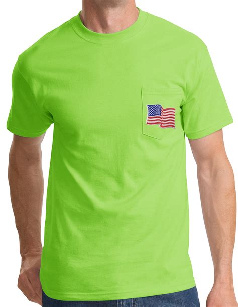 American T-Shirt USA Waving Flag Embroidered Patch Pocket Lime Green - USA American Waving Flag ...