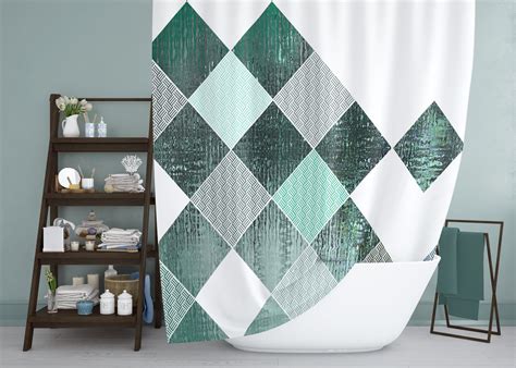 Abstract Geometric Shower Curtain Set With Green And Blue Bold Etsy