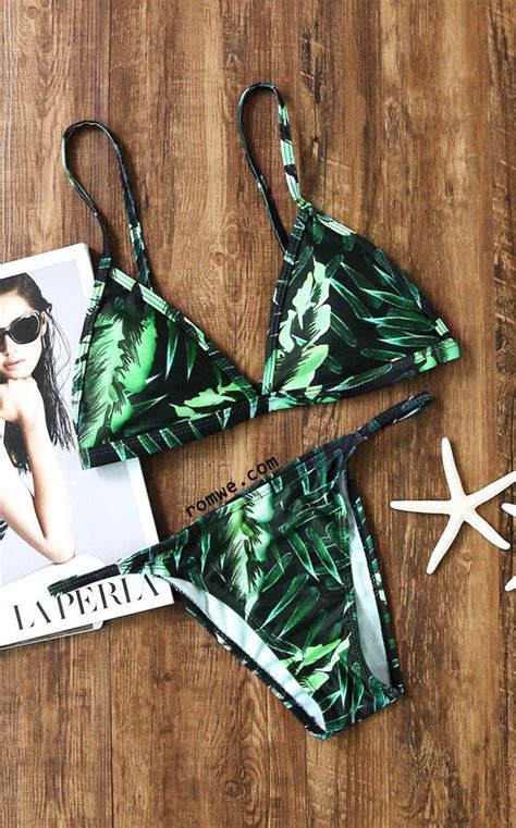 Green Leaf Print Triangle Bikini Set Bikinis Swimsuits Swimwear