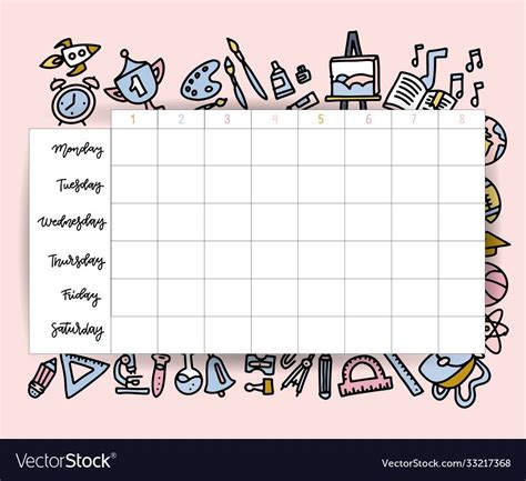 School Timetable Schedule Template Student Lesson Vector Image On