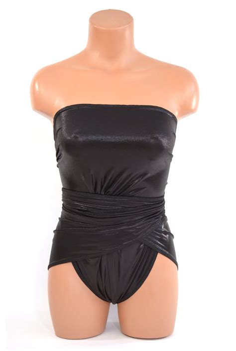Medium One Piece Bathing Suit Metallic Black Wrap Around Swimsuit Slim Hisopal Art~swimwear