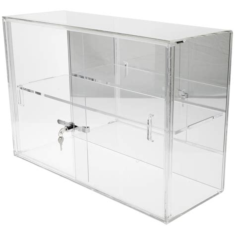 paper and party supplies locking display case with sliding plastic doors