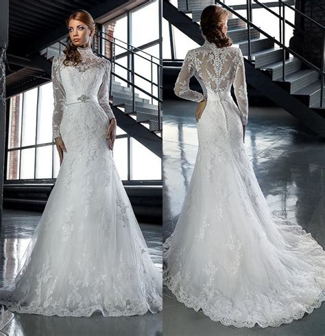 Arabic Style Wedding Dresses 2016high Neck Long Sleeves Lace White