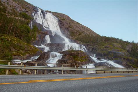 Summer Mountain Langfossen Waterfall On Slope Etne Norway Stock Image