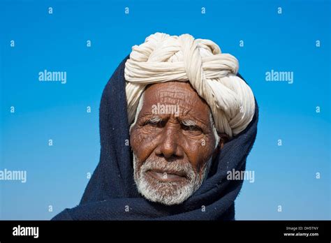 Old Indian Man With A White Turban Portrait Pushkar Rajasthan India