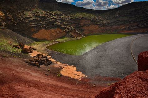Lanzarote Green Lake In The Crater Of The Volcano El Golfo Stock