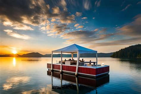 Premium Ai Image A Boathouse On A Lake With A Sunset In The Background