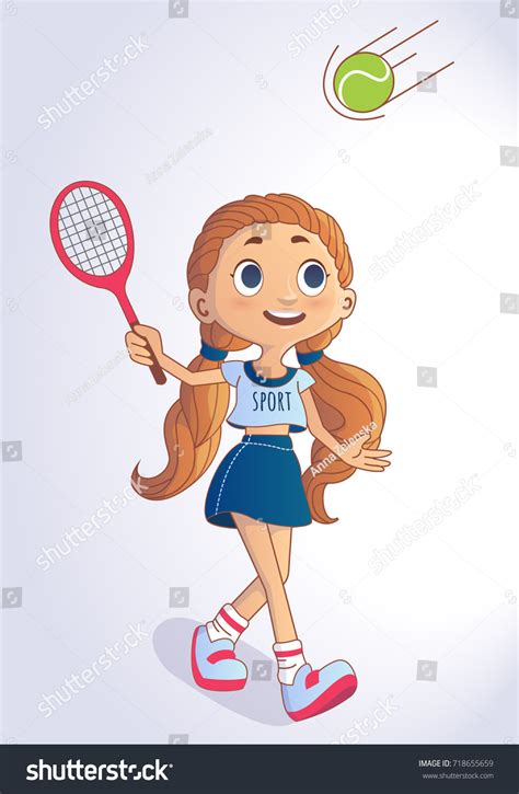 Cartoon Young Girl Playing Tennis Vector Stock Vector Royalty Free