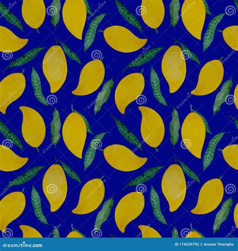 Yellow Ripe Mangoes Fruits And Green Leaf Illustration Seamless Repeat