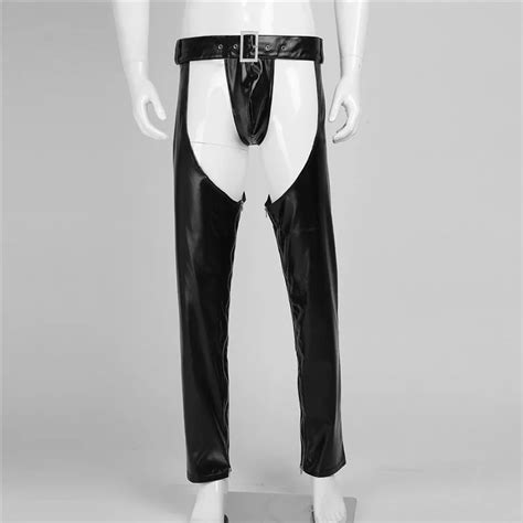 Msemis Sexy Mens Lingerie Faux Leather Pants Crotchless Pants Zippered