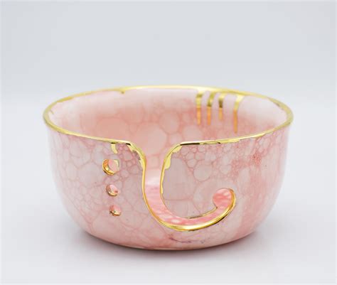 Ceramic Handmade Yarn Bowl Pink Bubble And Gold Valentines Etsy