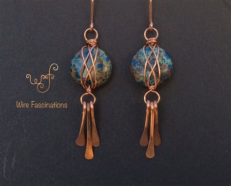 Handmade Jasper Earrings Copper Wire Wrapped Blue Dyed Jasper With