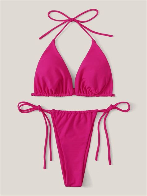 Neon Pink Triangle Halter Top Swimsuit With Tie Side Bikini Bottom