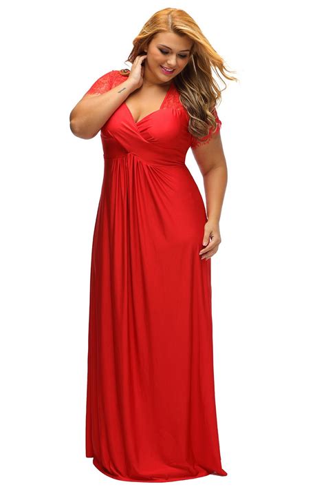 LALAGEN Women's Lace Sleeve V Neck Plus Size Evening Maxi Dress Gown Red XL