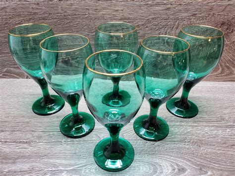 set of 6 vintage libbey teardrop juniper wine glasses teal etsy etched glassware vintage