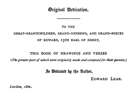 Dedictaion to family member in research paper. A Book of Nonsense by Edward Lear, 1894